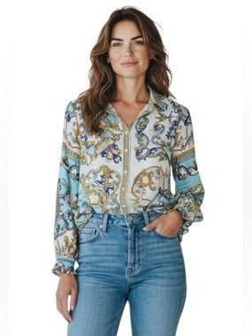 Hale Bob - Silk Baroque Print Button-Up Blouse - Blue/Gold/Ivory